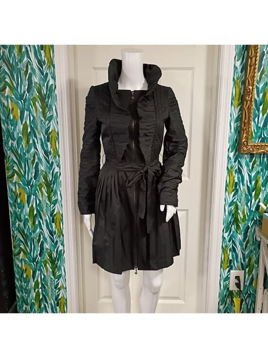 Samuel Dong Black Ruffle Front Long Coat Dress S  Pleated Skirt By Samuel Dong - Picture 2 of 16